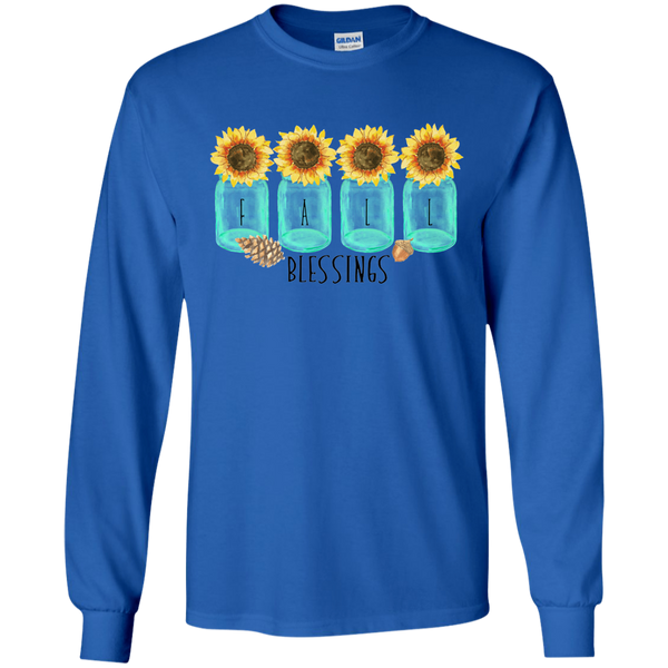 Mason Jar Sunflowers Fall Blessings Long Sleeve Tee Shirt Blue