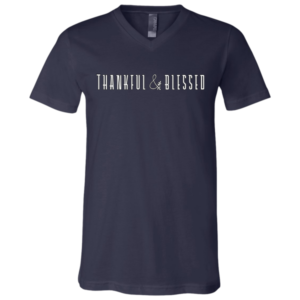 Thankful and Blessed Soft V-Neck Tee Shirt Navy