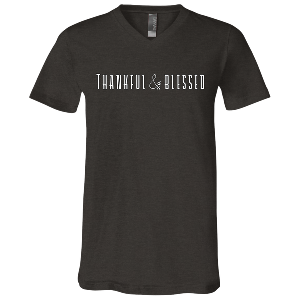 Thankful and Blessed Soft V-Neck Tee Shirt Dark Grey