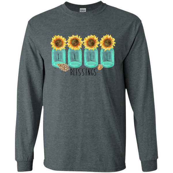 Mason Jar Sunflowers Fall Blessings Long Sleeve Tee Shirt Dark Grey