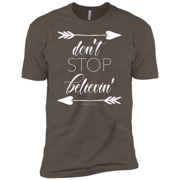 Don't stop believin' Mark 5:36 arrows tee shirt warm grey