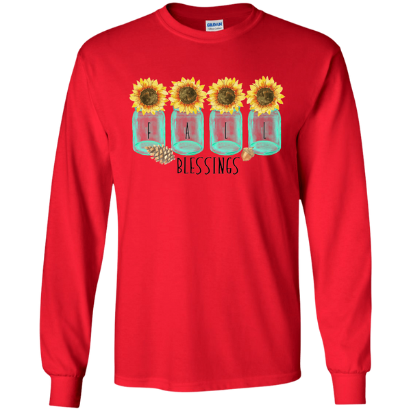 Mason Jar Sunflowers Fall Blessings Long Sleeve Tee Shirt Red