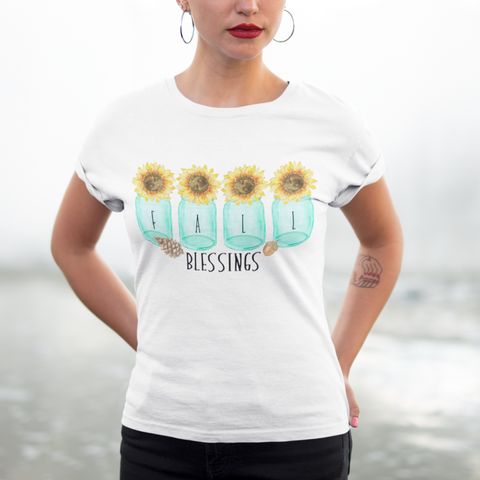 Mason Jar Sunflowers Fall Blessings Tee Shirt white