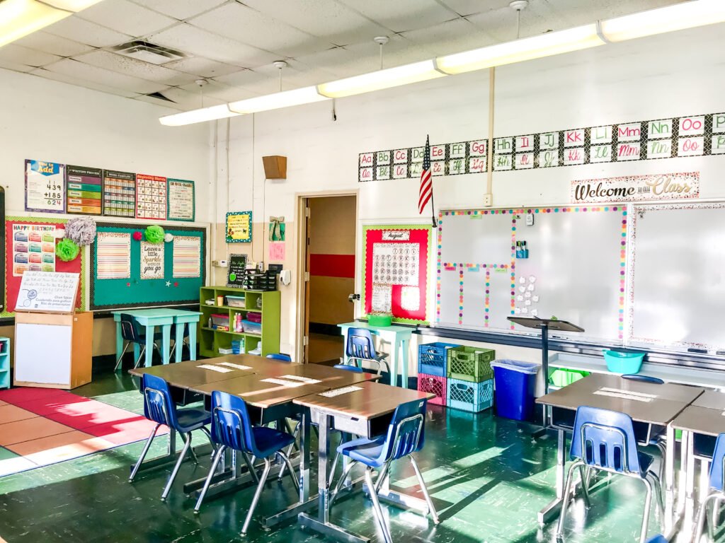 Bright elementary classroom with colorful bulletin boards and student desks, representing Angela Ramsey’s teaching journey and inspiration for her blog.
