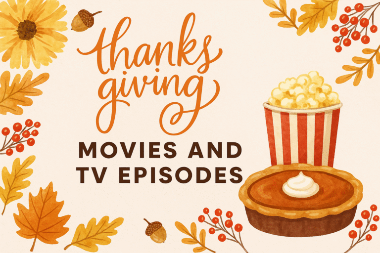 Thanksgiving movies and TV episodes guide illustration with popcorn, pie, and autumn decor