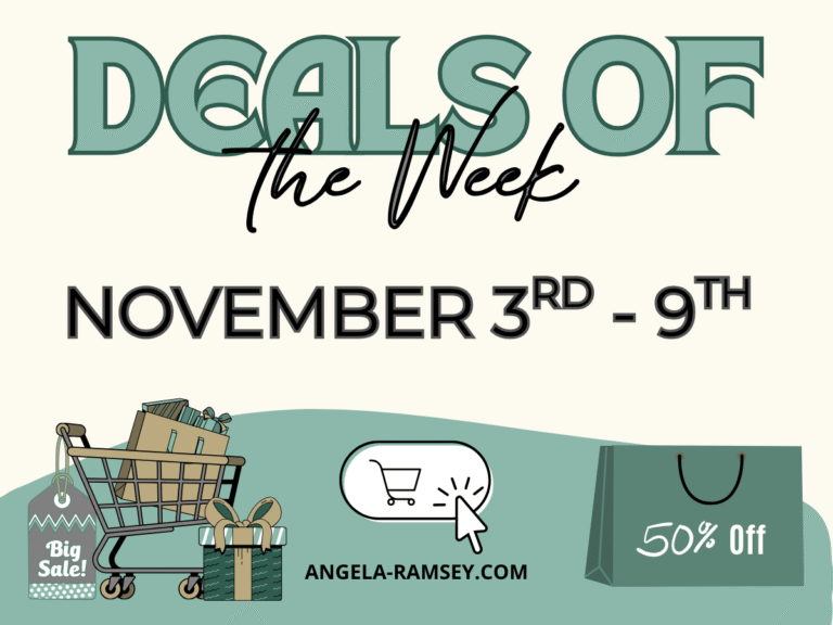 Deals of the week graphic with shopping bags and sale tag, Angela Ramsey blog.